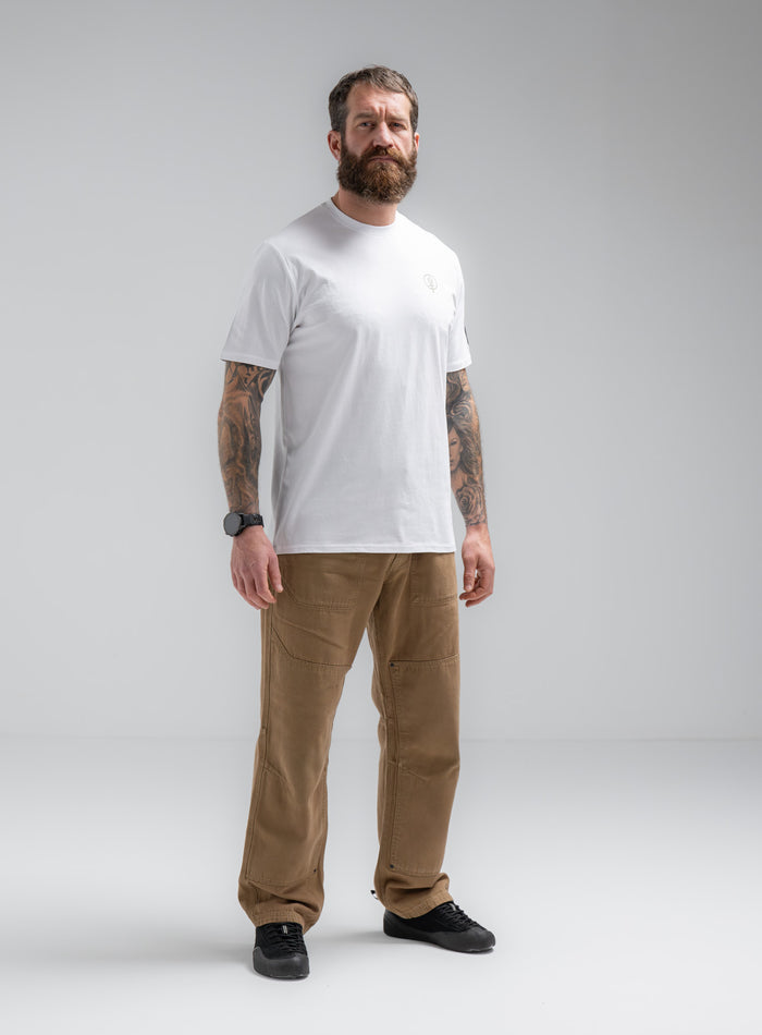 Louis Is 5ft 10" And Wears Size: M | Hem Studio Image Of Model Wearing Vader T-Shirt - Pen Y Fan In Optic White (SS Model)
