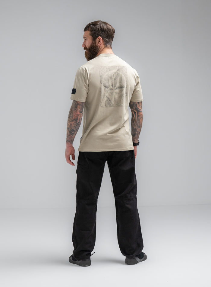 Louis Is 5ft 10" And Wears Size: M | Hem Studio Image Of Model Wearing Vader T-Shirt - Pen Y Fan In Stone (SS Model)