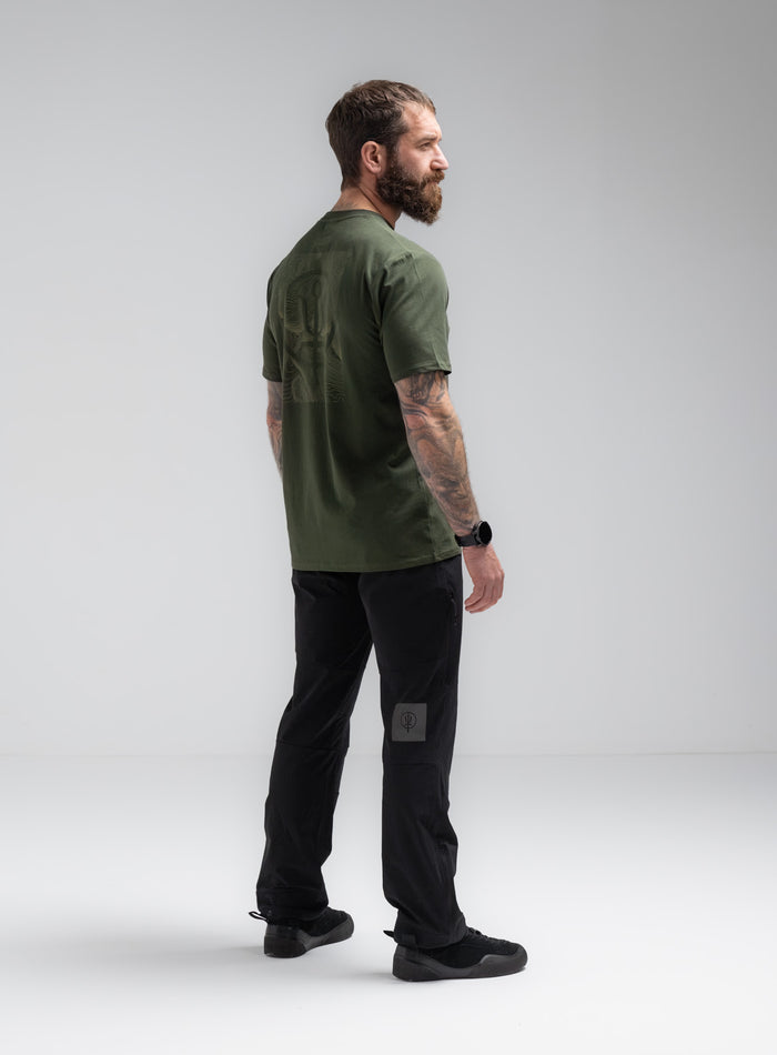 Louis Is 5ft 10" And Wears Size: M | Hem Studio Image Of Model Wearing Vader T-Shirt - Pen Y Fan In Forest Green (SS Model)