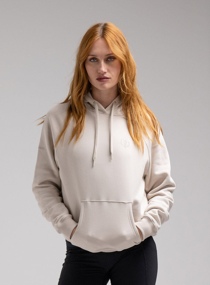 Miki Is 5ft 8" And Wears Size: S | Hem Studio Image Of Model Wearing Valor Hoody In Stone (SS Model)
