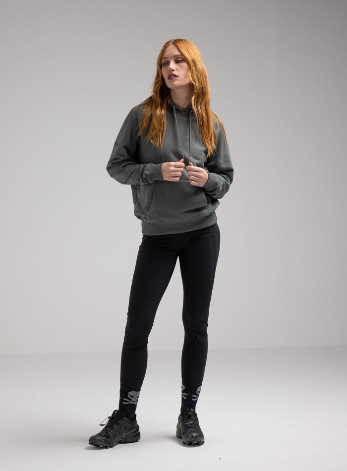Miki Is 5ft 8" And Wears Size: S | Hem Studio Image Of Model Wearing Valor Hoody In Urban Green (SS Model)