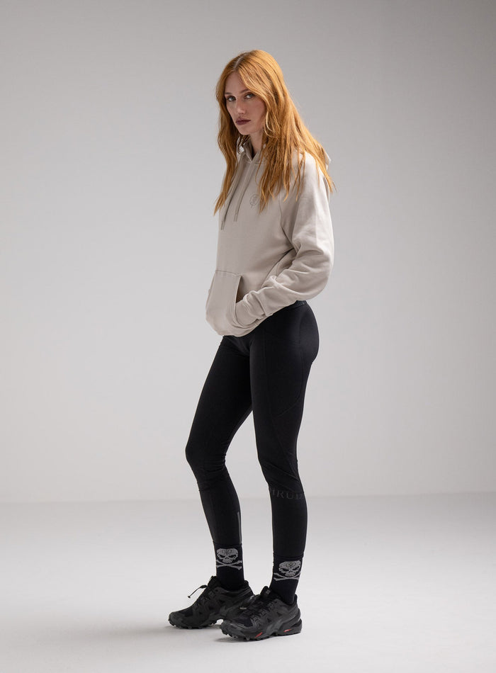 Miki Is 5ft 8" And Wears Size: S | Hem Studio Image Of Model Wearing Valor Hoody In Stone (SS Model)