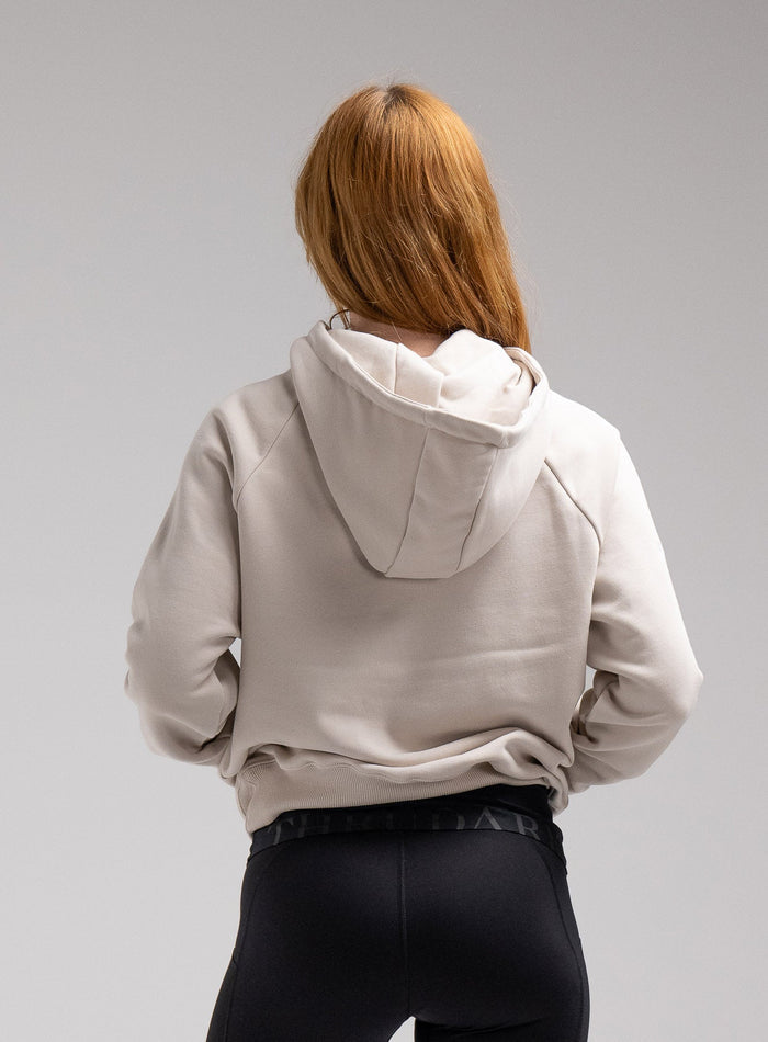 Miki Is 5ft 8" And Wears Size: S | Hem Studio Image Of Model Wearing Valor Hoody In Stone (SS Model)