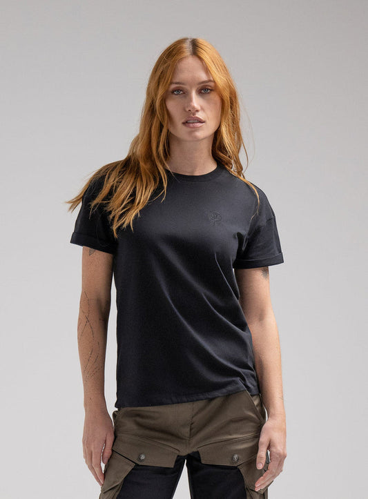 Miki Is 5ft 8" And Wears Size: S | Hem Studio Image Of Model Wearing Valor T-Shirt In Obsidian Black (SS Model)
