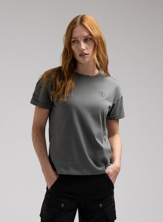 Miki Is 5ft 8" And Wears Size: S | Hem Studio Image Of Model Wearing Valor T-Shirt In Urban Green (SS Model)