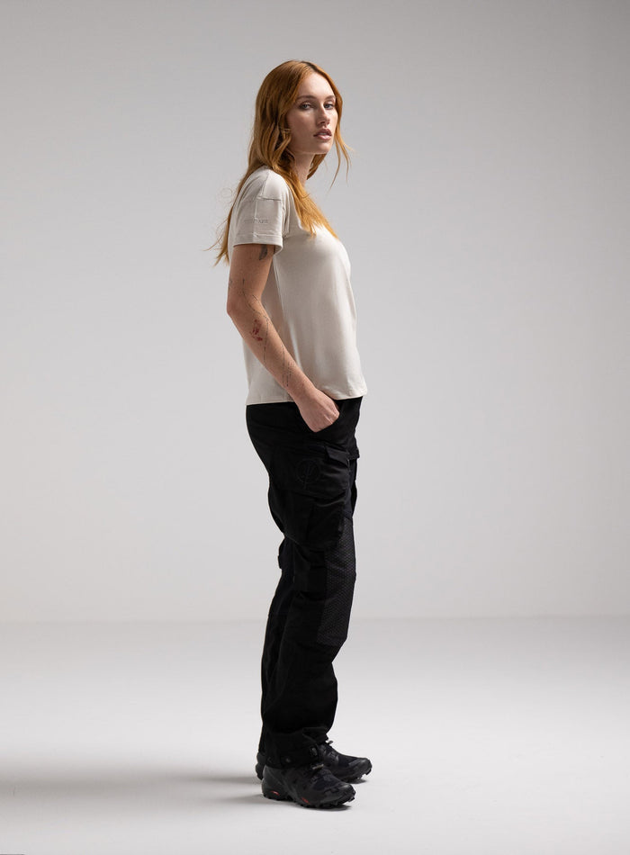 Miki Is 5ft 8" And Wears Size: S | Hem Studio Image Of Model Wearing Valor T-Shirt In Stone (SS Model)