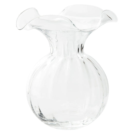 The VIETRI Hibiscus Large Vase Clear features a round base and a wavy, flared rim, shown against a white background.