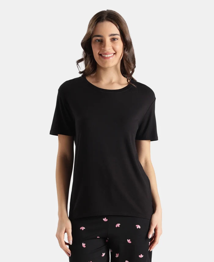 Viscose Elastane Stretch Fabric Relaxed Fit Drop Shoulder Styled T-Shirt - Black