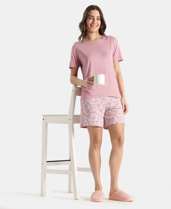 Viscose Elastane Stretch Fabric Relaxed Fit Drop Shoulder Styled T-Shirt - Lilas