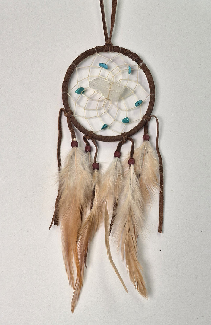 Brown vision seeker dream catcher with Quartz point, Turquoise gemstone chips and feathers, handmade in Canada.
