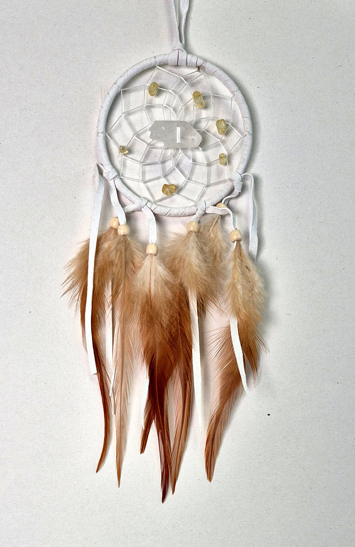 White vision seeker dream catcher with Quartz point, Citrine gemstone chips and feathers, handmade in Canada.