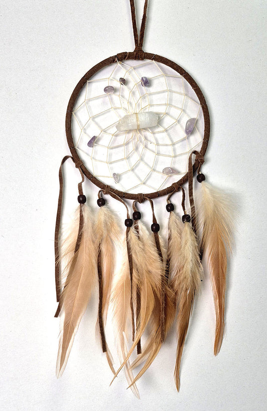 Brown vision seeker dream catcher with Quartz point, Amethyst gemstone chips and feathers, handmade in Canada.