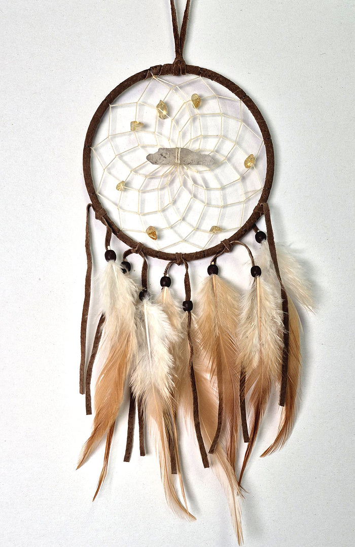 Brown vision seeker dream catcher with Quartz point, Citrine gemstone chips and feathers, handmade in Canada.