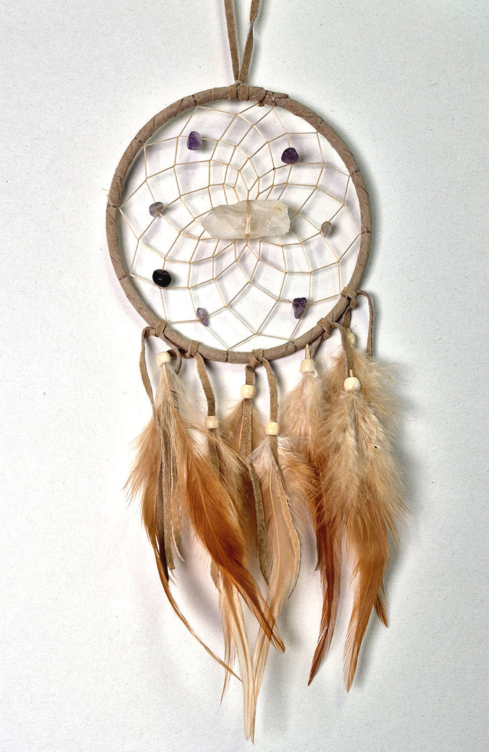 Tan vision seeker dream catcher with Quartz point, Amethyst gemstone chips and feathers, handmade in Canada.