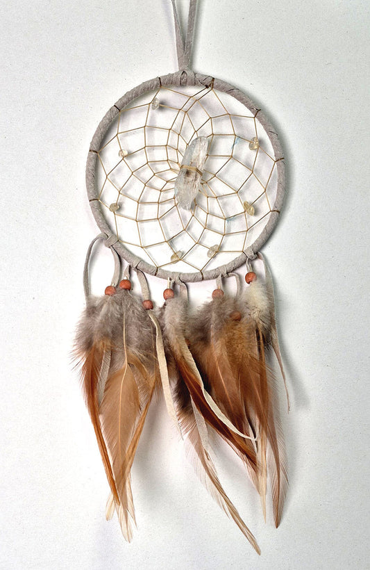 Tan vision seeker dream catcher with Quartz point, Citrine gemstone chips and feathers, handmade in Canada.