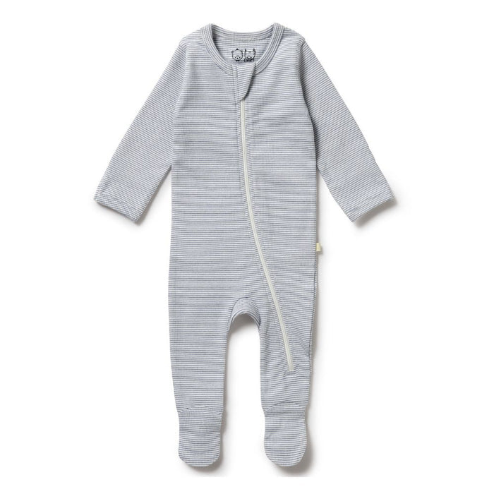 Wilson & Frenchy Organic Stripe Rib Zipsuit with Feet - Rain Drop