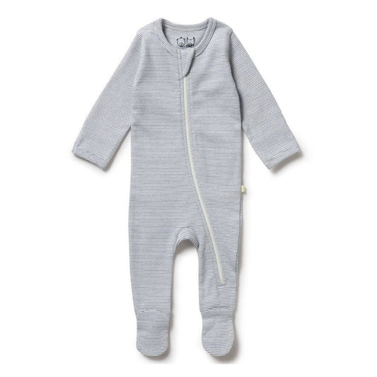 Wilson & Frenchy Organic Stripe Rib Zipsuit with Feet - Rain Drop