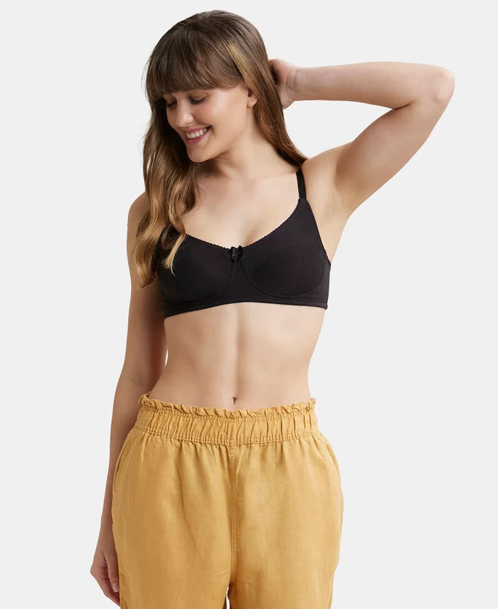 Wirefree Non Padded Super Combed Cotton Elastane Full Coverage Everyday Bra with Soft Adjustable Straps - Black-5