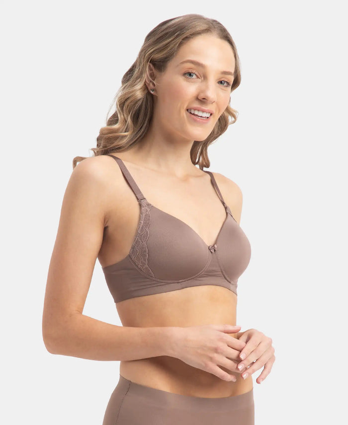 Wirefree Padded Soft Touch Microfiber Elastane Stretch Full Coverage T-Shirt Bra with Lace Styling - Deep Taupe