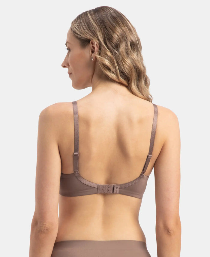 Wirefree Padded Soft Touch Microfiber Elastane Stretch Full Coverage T-Shirt Bra with Lace Styling - Deep Taupe