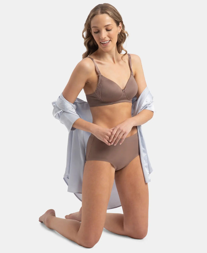 Wirefree Padded Soft Touch Microfiber Elastane Stretch Full Coverage T-Shirt Bra with Lace Styling - Deep Taupe