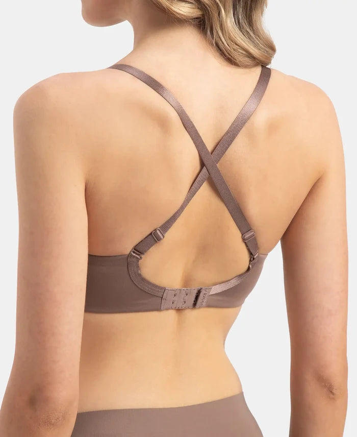Wirefree Padded Soft Touch Microfiber Elastane Stretch Full Coverage T-Shirt Bra with Lace Styling - Deep Taupe
