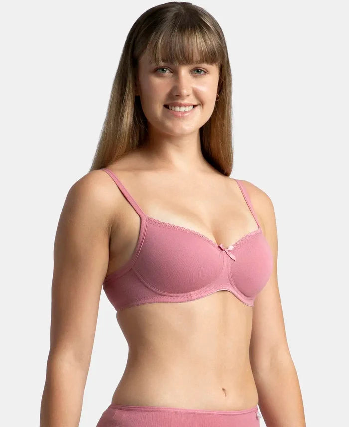 Wirefree Padded Super Combed Cotton Elastane Stretch Medium Coverage T-Shirt Bra with Lace Styling - Heather Rose