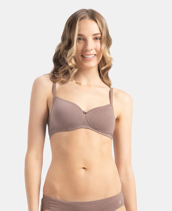 Wirefree Padded Super Combed Cotton Elastane Stretch Medium Coverage T-Shirt Bra with Lace Styling - Deep Taupe