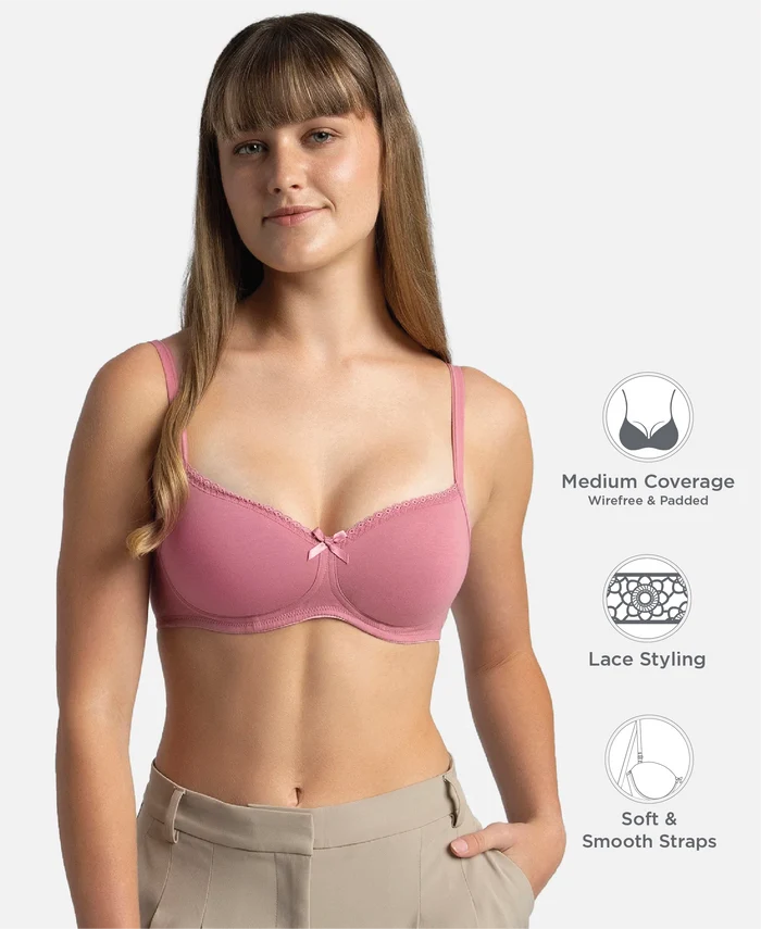 Wirefree Padded Super Combed Cotton Elastane Stretch Medium Coverage T-Shirt Bra with Lace Styling - Heather Rose