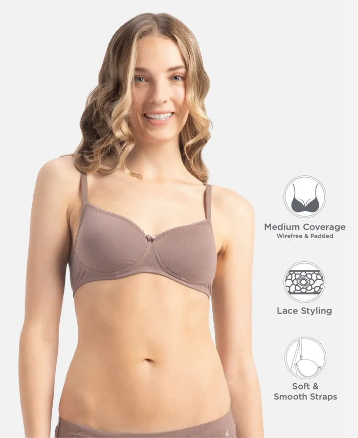 Wirefree Padded Super Combed Cotton Elastane Stretch Medium Coverage T-Shirt Bra with Lace Styling - Deep Taupe