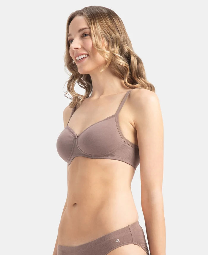 Wirefree Padded Super Combed Cotton Elastane Stretch Medium Coverage T-Shirt Bra with Lace Styling - Deep Taupe
