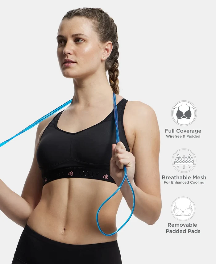Wirefree Padded Tactel Nylon Elastane Stretch Full Coverage Sports Bra with Optional Cross Back Styling - Black