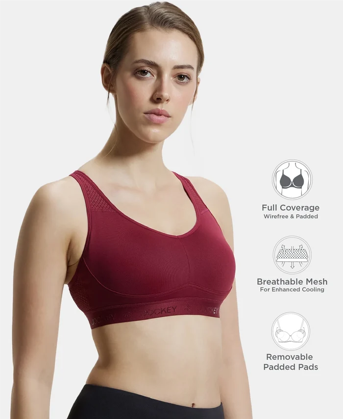 Wirefree Padded Tactel Nylon Elastane Stretch Full Coverage Sports Bra with Optional Cross Back Styling - Claret