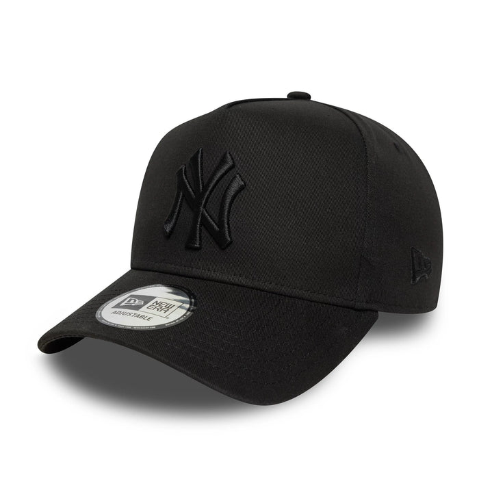 This is a New York Yankees MLB League Essential Black on Black 9FORTY E-Frame Adjustable Cap 1