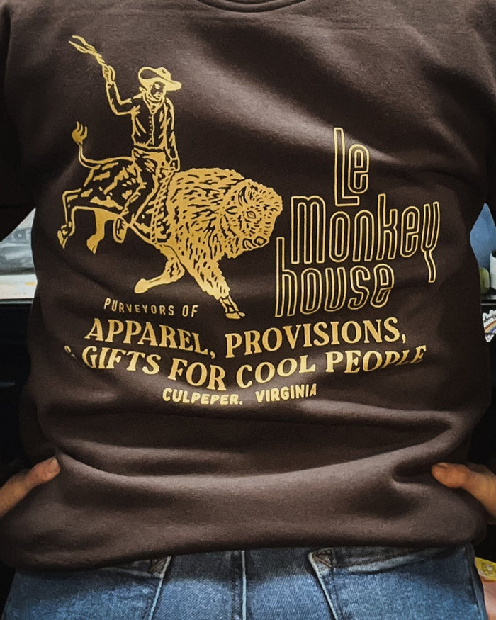 Yee Haw Le Monkey House Shop Design Bison cowboy crewneck sweatshirt in Brown and yellow