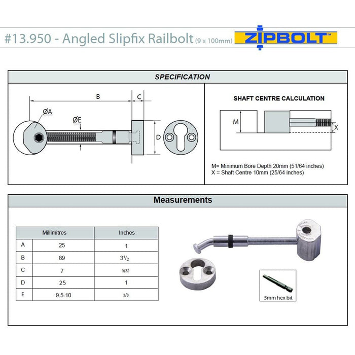 Zipbolt Angled Slipfix Railbolt